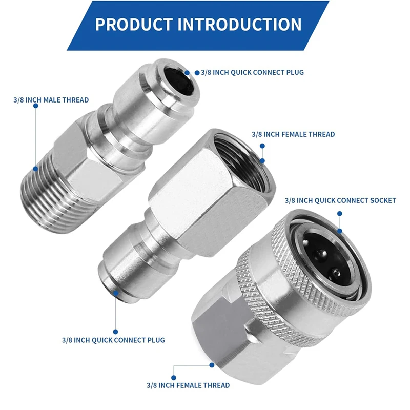 Pressure Washer Adapter Set 3/8 male and female Quick Connect Fittings Quick Plug Male Nipple Stainless Steel 5000 PSI