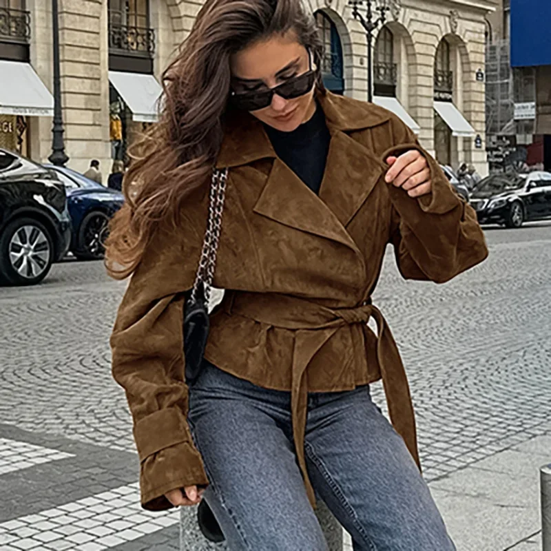 

Retro Brown Lace Up Shorts Suede Jacket Elegant Female Lapel Long Sleeves Slim Coats Autumn Chic Lady High Street Outwear
