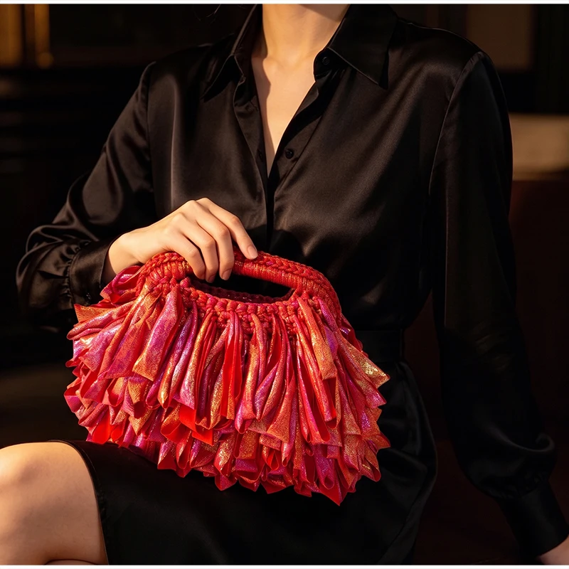 Quasten-Handtasche mit Obergriff, Bunte Fransen-Häkel-Clutch, Modische Abendtasche für Hochzeiten, Cocktailpartys, Abschlussbälle und Events – Detail 12