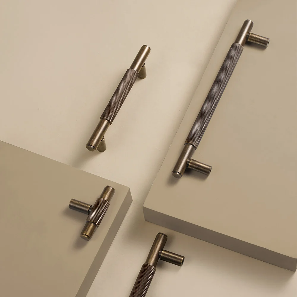 Dooroom Solid Brass Furniture Handles Cross Knurling Cupboard Wardrobe Dresser Shoe Drawer Cabinet Knobs T-Bar Hardware Handle