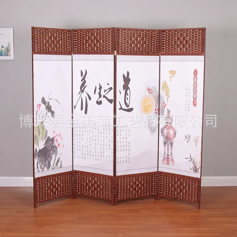 Mobile Solid Wood Frame Oil Canvas Screen New Chinese Style Folding Partition for Living Room Bedroom Hotel Entrance Decor
