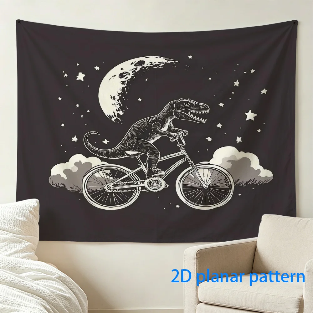 Dinosaur riding bicycle silhouette tapestry moon stars night sky cartoon retro illustration wall decor