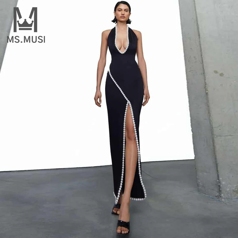 

MSMUSI 2023 New Fashion Women Sexy Deep V Halter Pearl Beading Bandage Sleeveless Backless Bodycon Party Slit Maxi Dress Gown