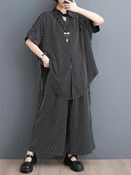 Striped Print Summer Casual 2 Two Piece Set Women Tops Blouse Short Sleeve Loose Shirt Fashion Clothing Wide Leg Pants Suit 2024