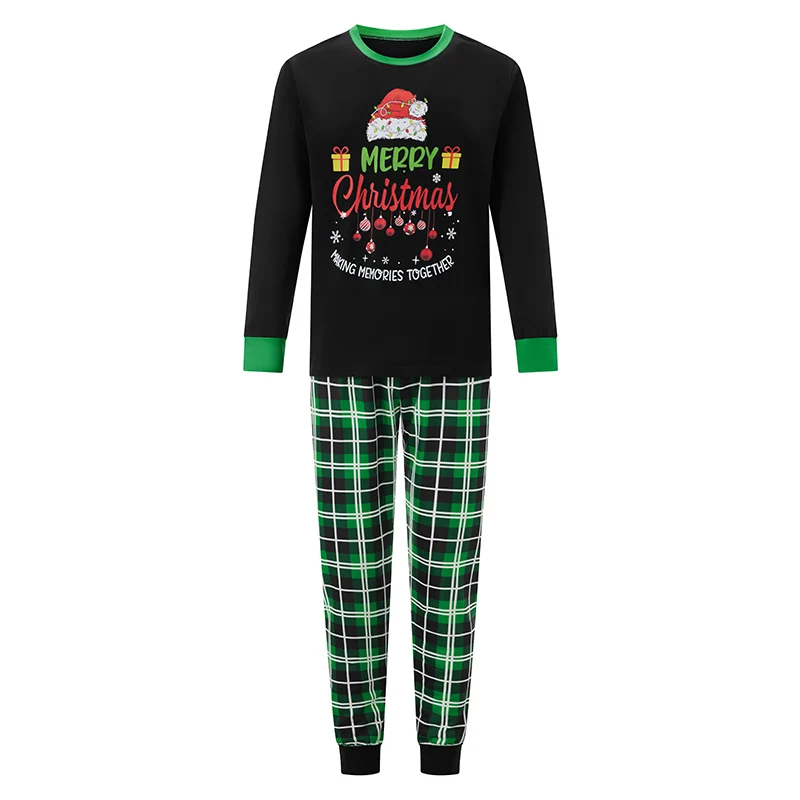 Family Matching Christmas Pajama Set, Letter Print Long Sleeve Tops Plaid Elastic Waist Pants