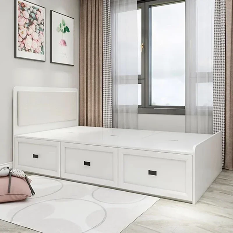 Practical Drawers Storage Modern Bed Bedroom Simple Sleeping Cot Double Bed Human Floor White Muebles Para Dormitorio Nordic