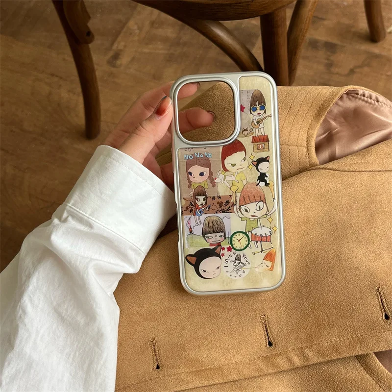 mori girl yoshitomo nara guitar doll Retro Phone case For iPhone 16 15 14 13 Pro Max Case Cute Cartoon Plating drop glue Cover