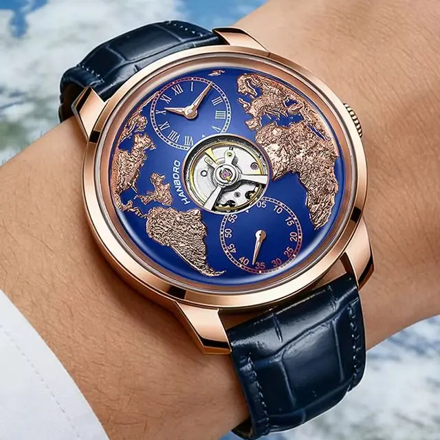 HANBORO Men Automatic Watch 44mm Mechanical Wristwatch Waterproof Sapphire Mirror Luminous Skeleton Flywheel World Earth Dial