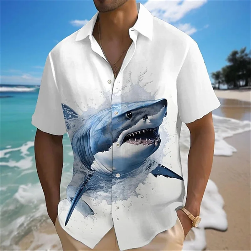 2024 Men's Shark Three-Dimensional Printing Button Lapel Short Sleeve Shirt Summer Large Size T Shirt High Quality Hawaii Shirt