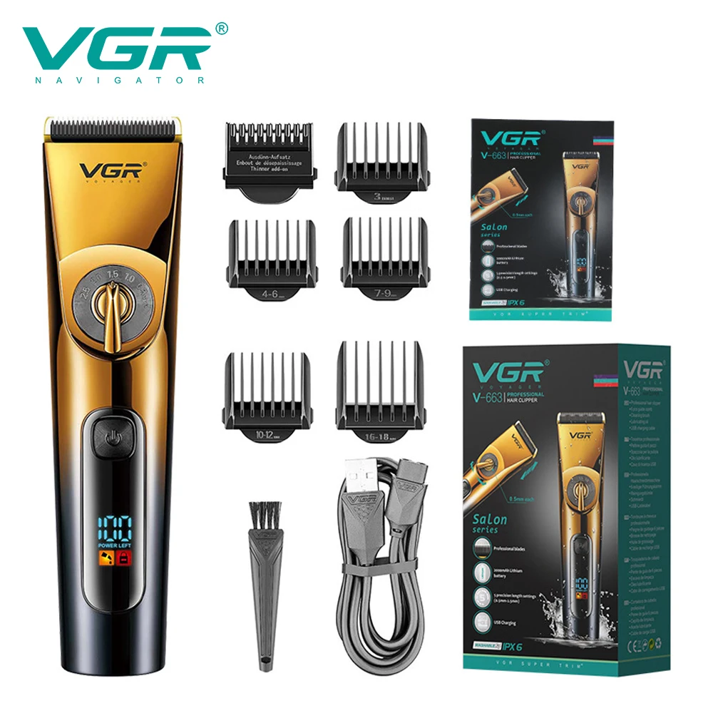 VGR 663 Professional Hair Trimmer Electric Hair Clipper IPX6 Waterproof Haircuts Machine LED Display Barber Trimmer for Men