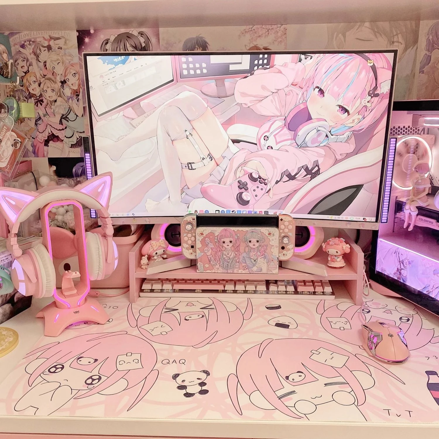 Cute Pink Girl Panda Y2K Pixiv Pu Leather Mouse Pad Waterproof Desk Mat Protective Game Keyboard For Dorm Vanity Table Mat Decor