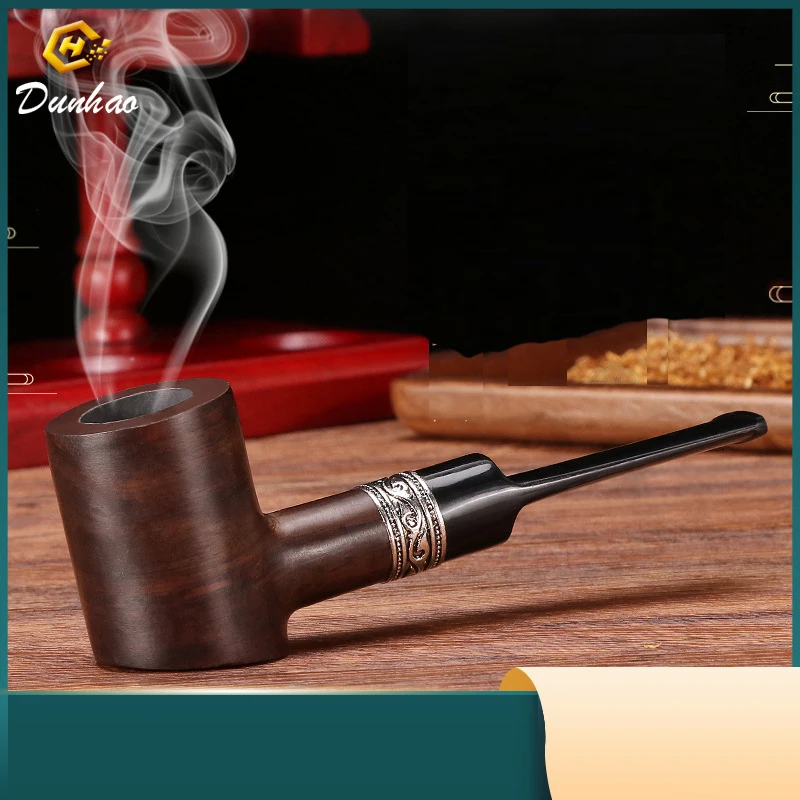 Ebony Wood 9mm Filter Flue Tobacco Pipe Retro Gentleman Bent Type Handle Handmade Smoking Pipe With Accessory Old Dad\'s Gift