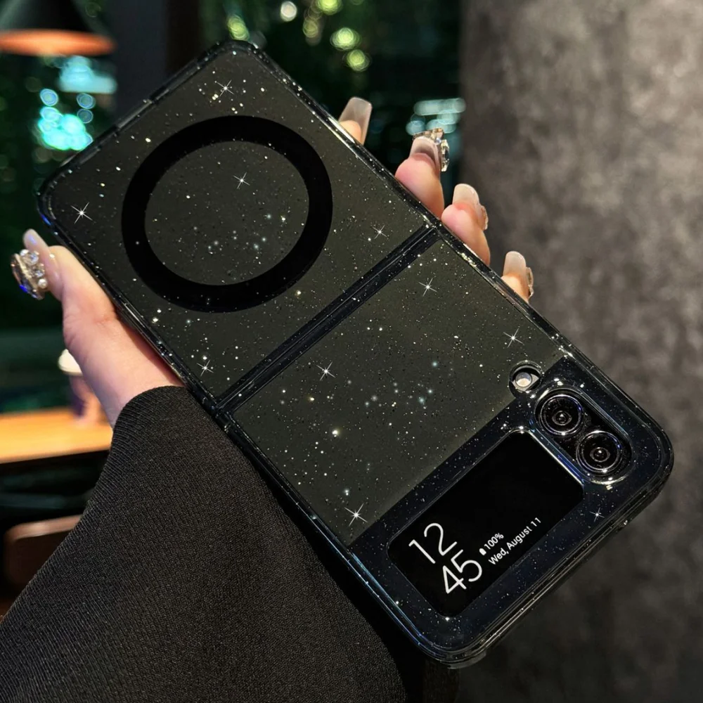 Funda Z Flip 7 con purpurina transparente de carga inalámbrica Magsafe Funda para Samsung Galaxy Z Flip 7 6 5 4 3 Funda transparente Flip7fe