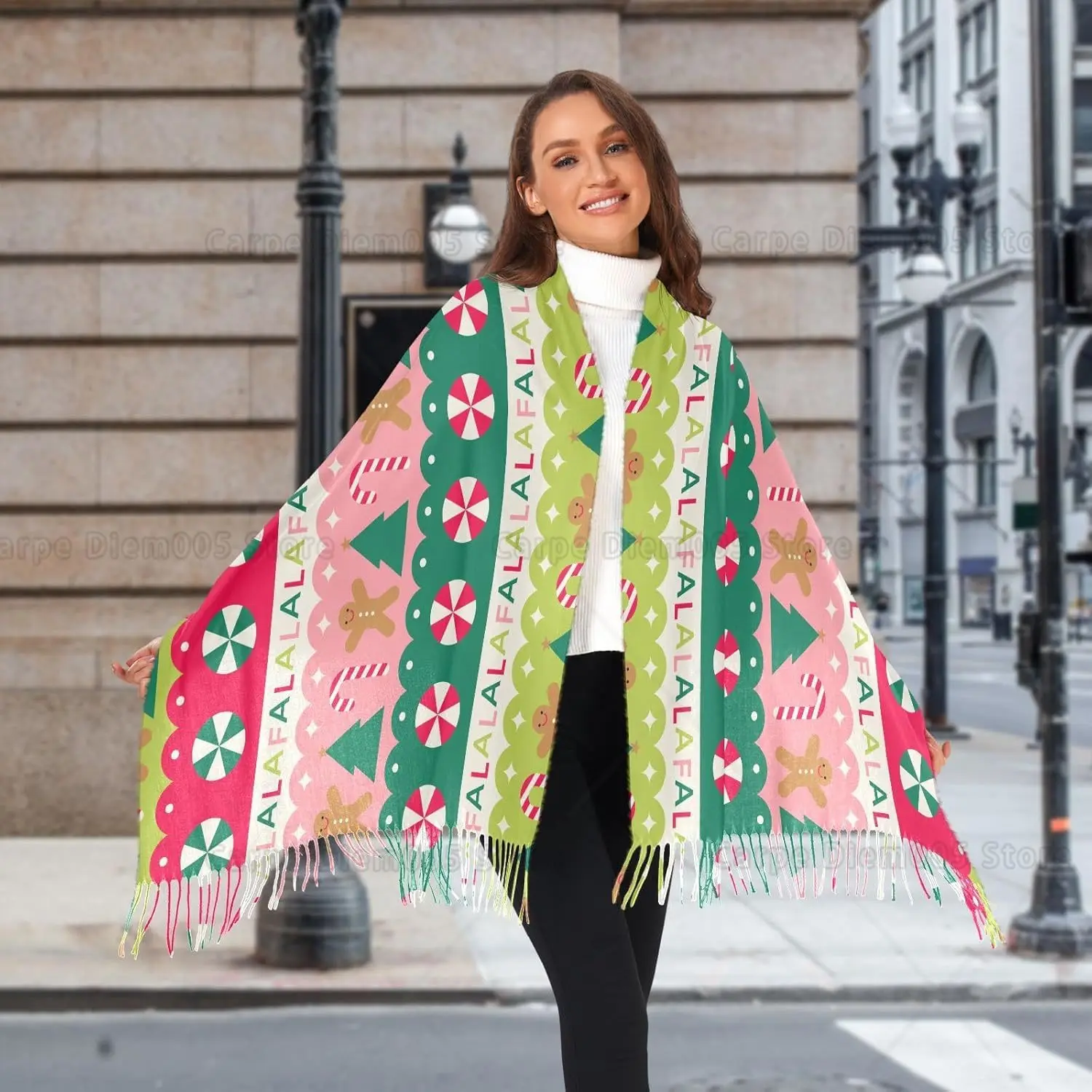 

Colorful Vintage Floral Winter Scarves for Women Cold Weather with Tassels Christmas Elements Warm Soft Scarf Long Shawl Wrap