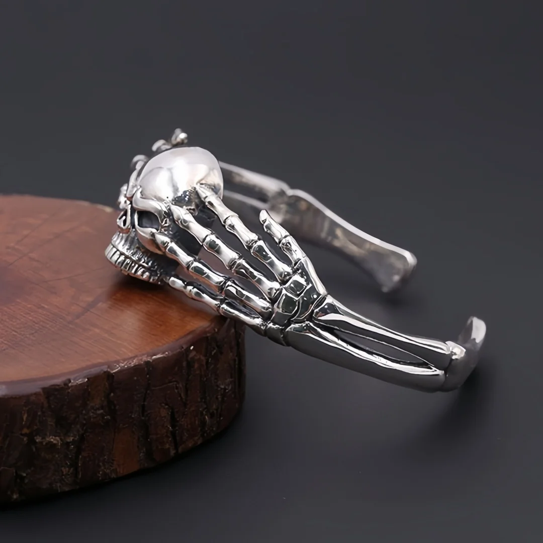 BOCAI New S925 Sterling Silver Charms Bangle for Men Women Antique Skeleton Claws Skull  Wide Bracelet Fine Choice Jewelry