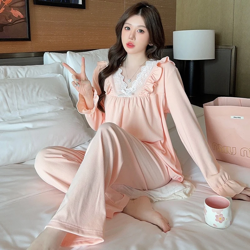 2024 Autumn Long Sleeve Sexy Lace V-neck Mousse Velvet Pajama Sets for Women Korean Sleepwear Homewear Pijama Mujer Home Clothes