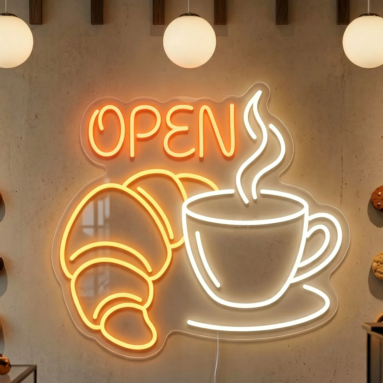 Coffee Croissant Neon Sign,Pastry Cafe LED Wall Art For Bakery Shop Decor,Coffee Lover Gifts,Open Sign,Business Owner Gift