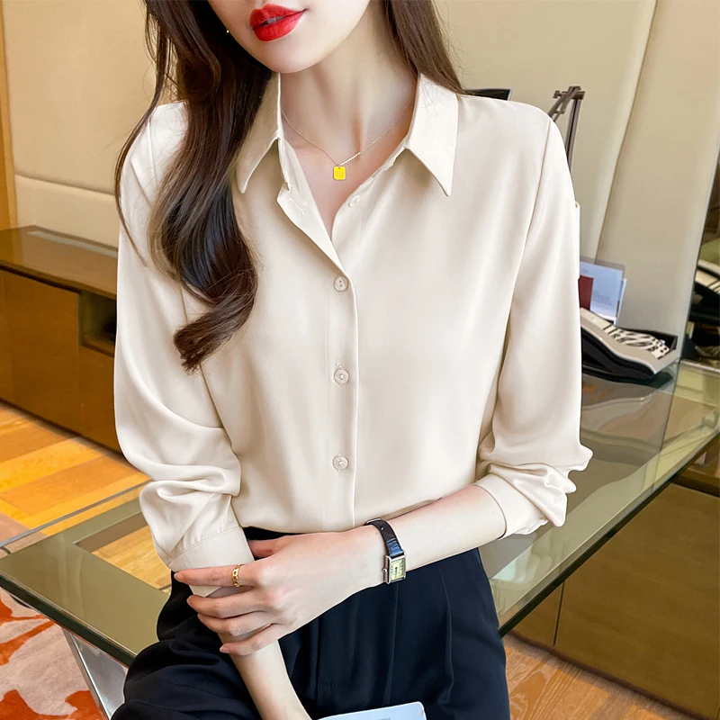 Women Spring Simplicity Loose Office Lady Satin Solid Color Polo-Neck Long Sleeve Shirts Women Clothes Casual All-match Tops