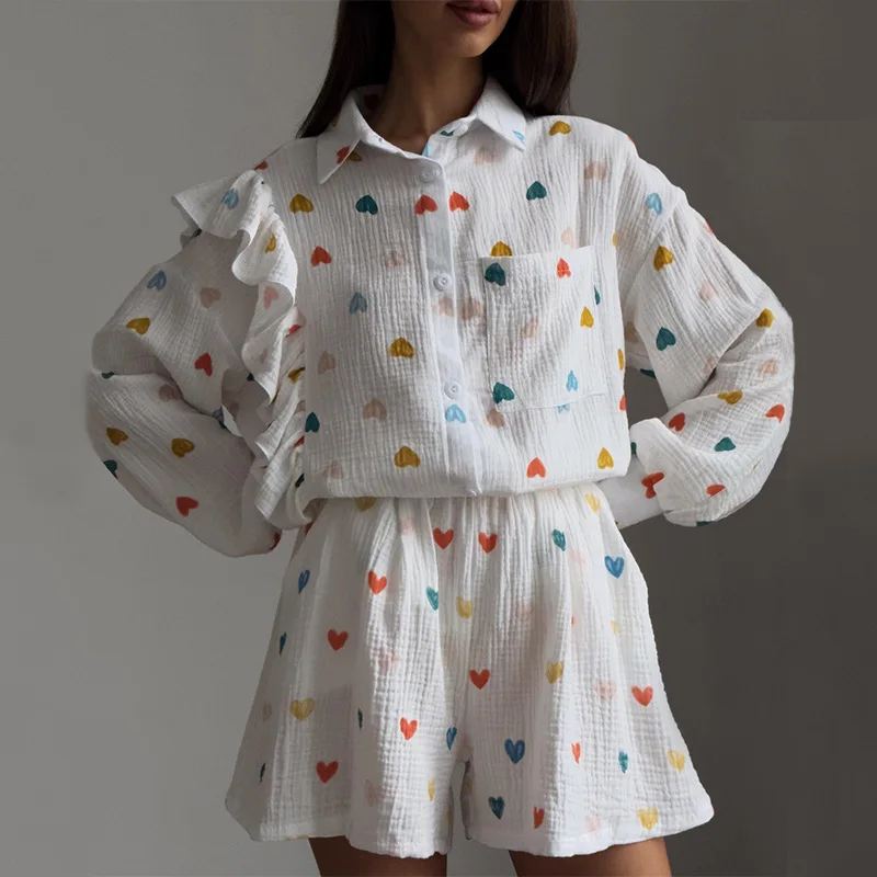 Cotton Pajamas Linen Love Print Shorts Suit Female Fashion Single Breasted Lapel Shirts Top 2 Pieces Set Elastic Waist Pant Sets