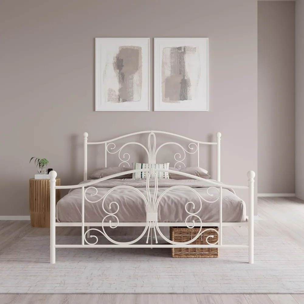 dhp bombay metal platform bed with parisian style headboard and footboard, adjustable base height for underbed storage, no box s
