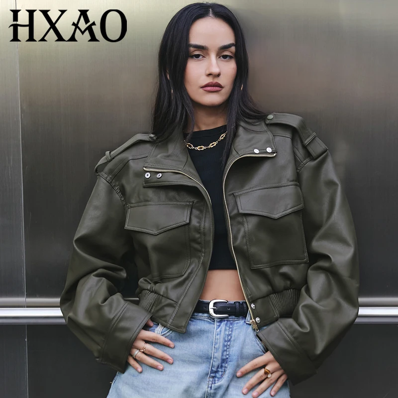 HXAO Leder-Crop-Jacke Damen Aviator-Jacken Grün Schwarz Oberbekleidung Schicke Große Taschen Langarm-Mantel Moto Biker Reißverschluss-Jacken