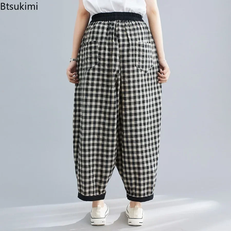 2024 Spring Korean Style Bloomers Women\'s Vintage Plaid Loose Ankle-length Pants Fashion Cotton Linen Casual Trousers for Women