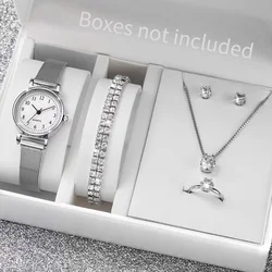 Elegant 6-Piece Watch & Jewelry Set – Stainless Steel Quartz Timepiece with Sparkling Accessories – Perfect Gift for Her