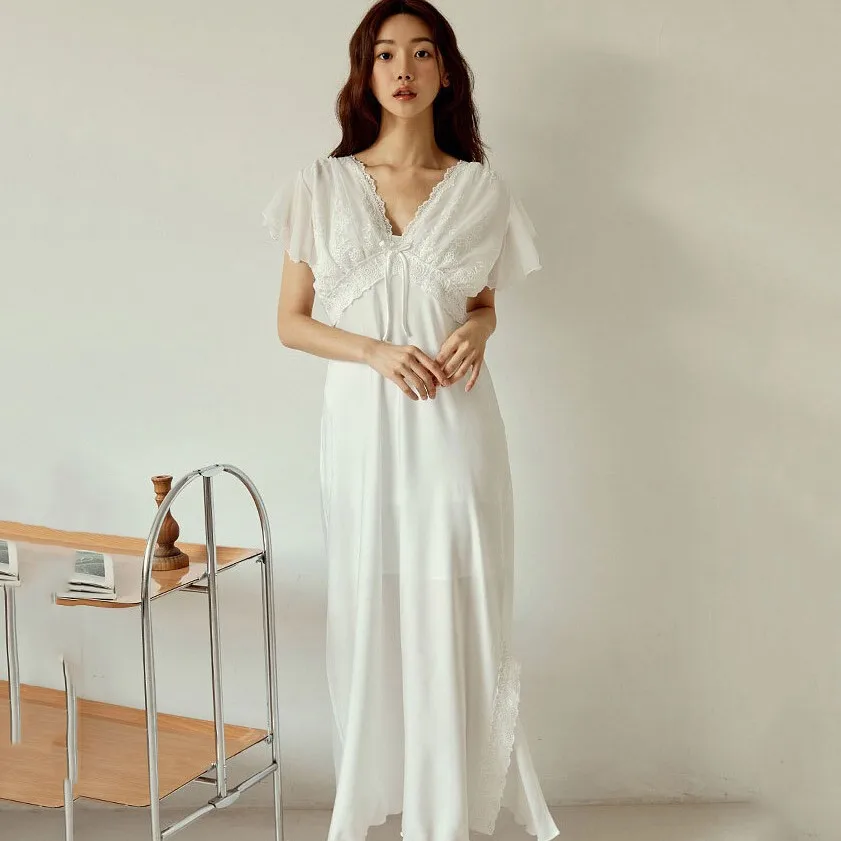 

Elegant Court Style White Long Nightdress Women Sexy Patchwork Lace Rayon Nightgown Sleepwear Casual Loose Bathrobe Home Dress