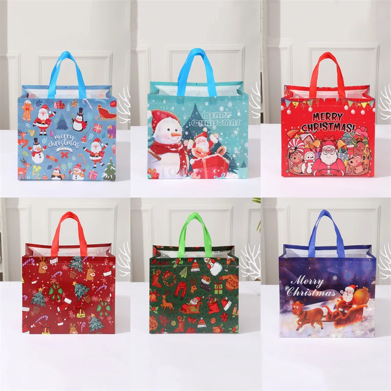 4 Uds. Bolsa de regalo de mano con estampado de muñeco de nieve de Papá Noel de Navidad de dibujos animados, exquisita serie navideña, bolsas de mano no tejidas