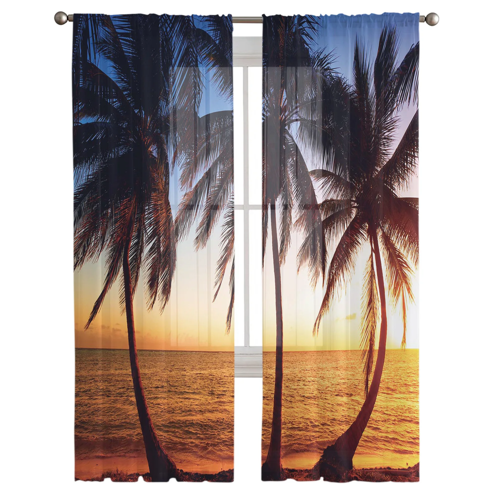 Twilight Beach Coconut Tree Sea Sheer Curtain for Living Room Bedroom Voile Drape Kitchen Window Tulle Curtains Home Essentials