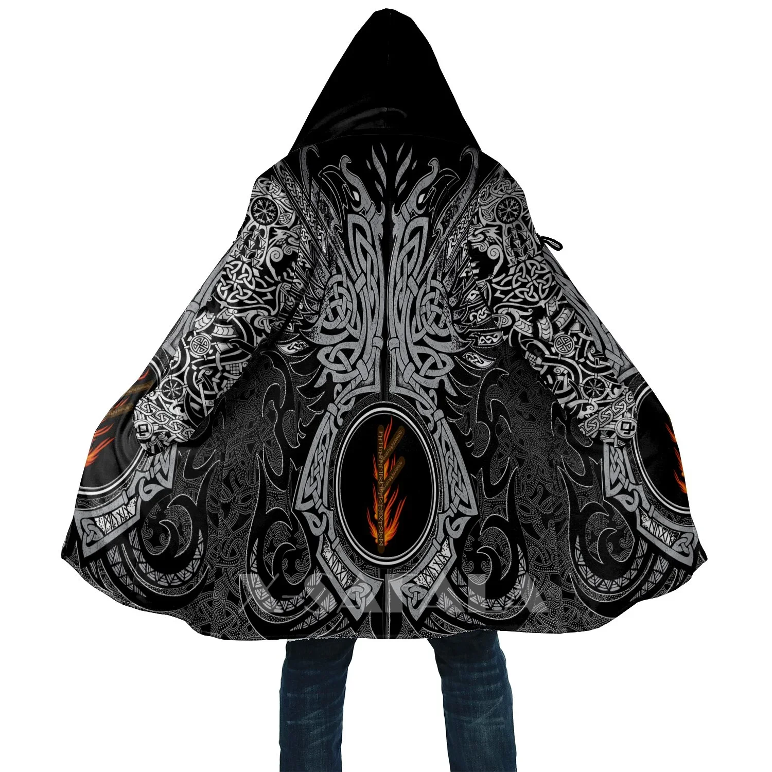 

Viking Style Fehu Rune Raven 3D Printed Duffle Pullovers Coat Overcoat Thick Warm Hooded Cloak Coat for MenTopcoat Windproof