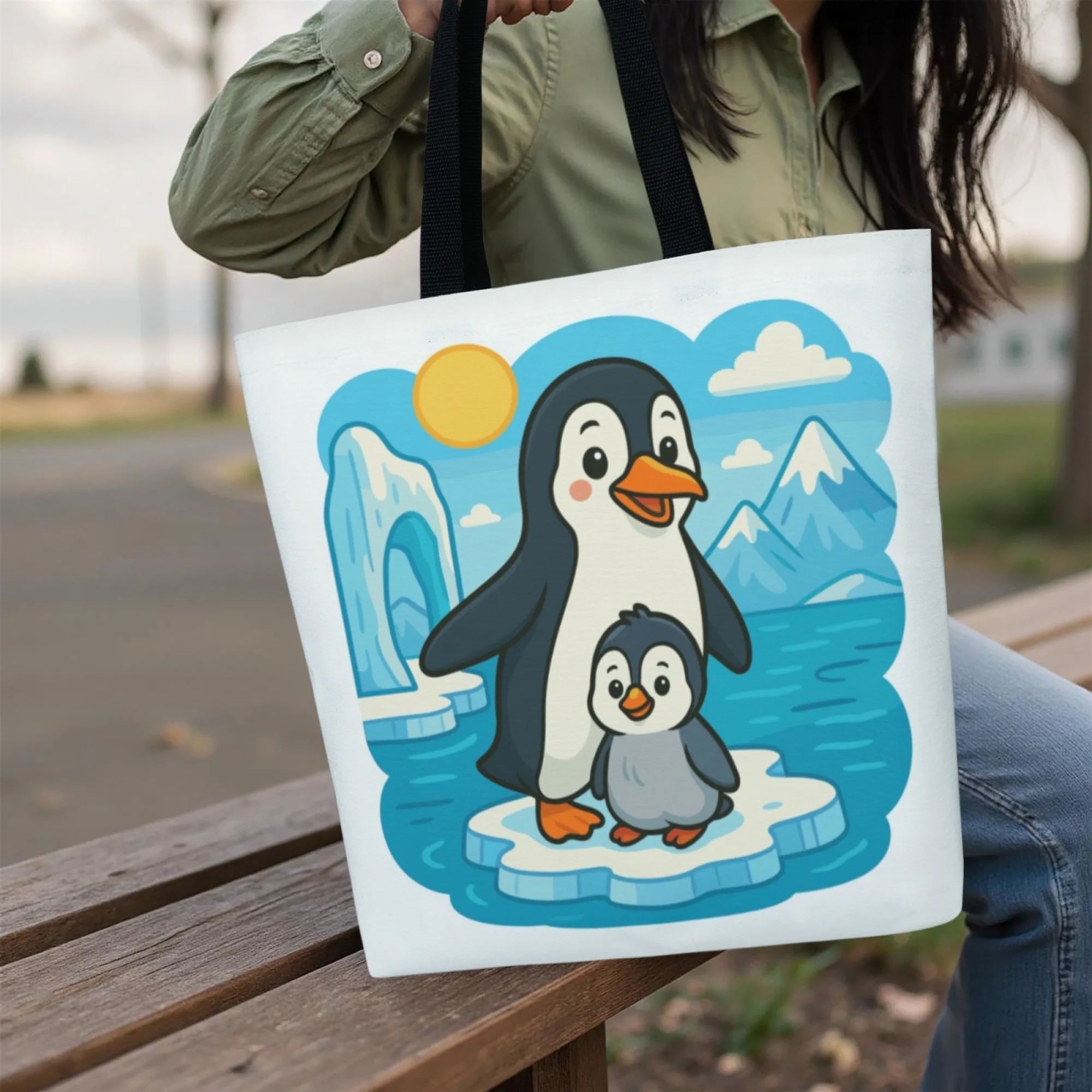 韓国風 カワイイ 居心地の良い 暖かい ペンギンファミリー トレンド キャンバストートバッグ ファッション 再利用可能なハンドバッグ キュートな毎日の通勤やスイートなシーンに