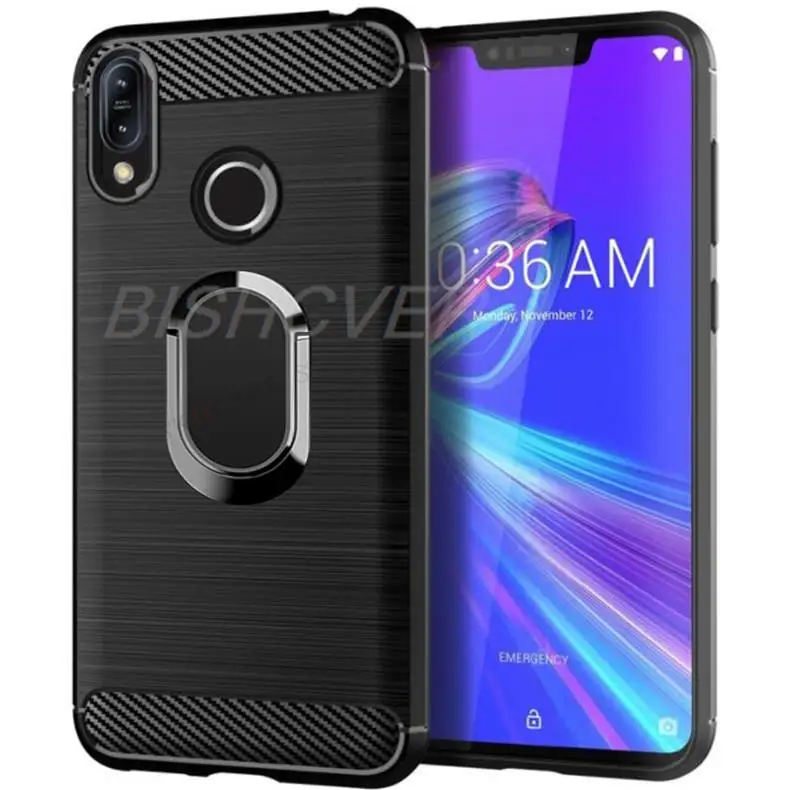 Gebürstet Carbon Faser Weichen Silikon Telefon Fall Für ASUS ZenFone Max Pro M2 ZB631KL ZB633KL X01AD X01BDA Magnetische Ring Stehen abdeckung