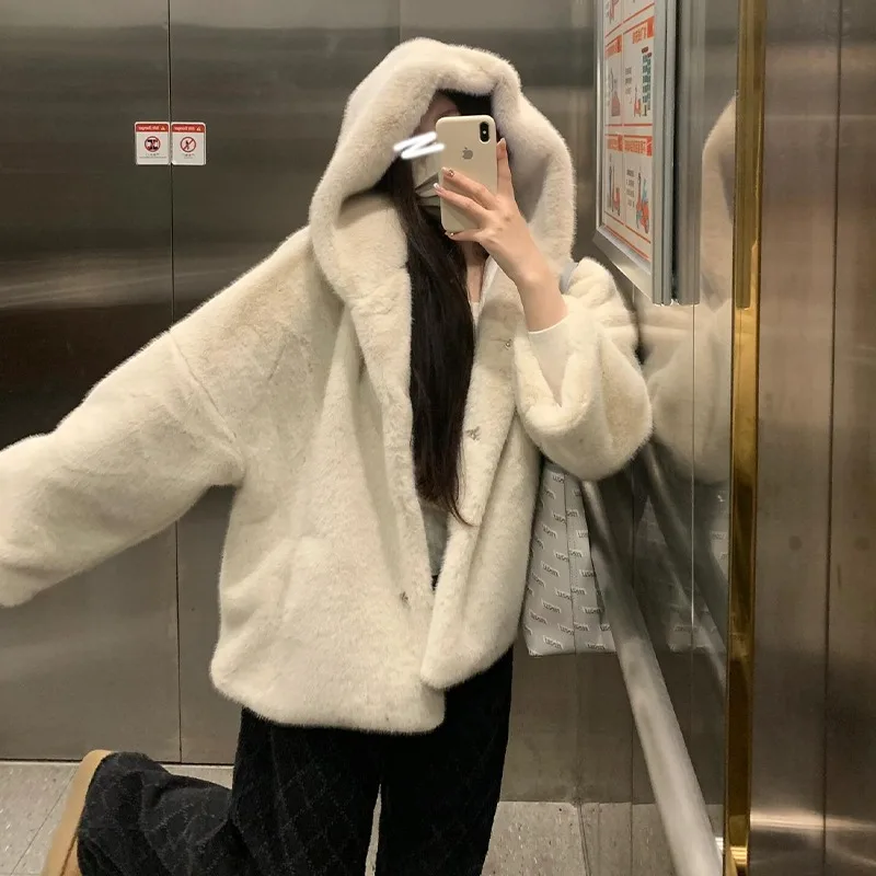 

Ladies Thiened ort Jaet Lamb Fur Hooded Fce Autumn Winter New Arrival Color Polyester Fiber Long Sve Coat