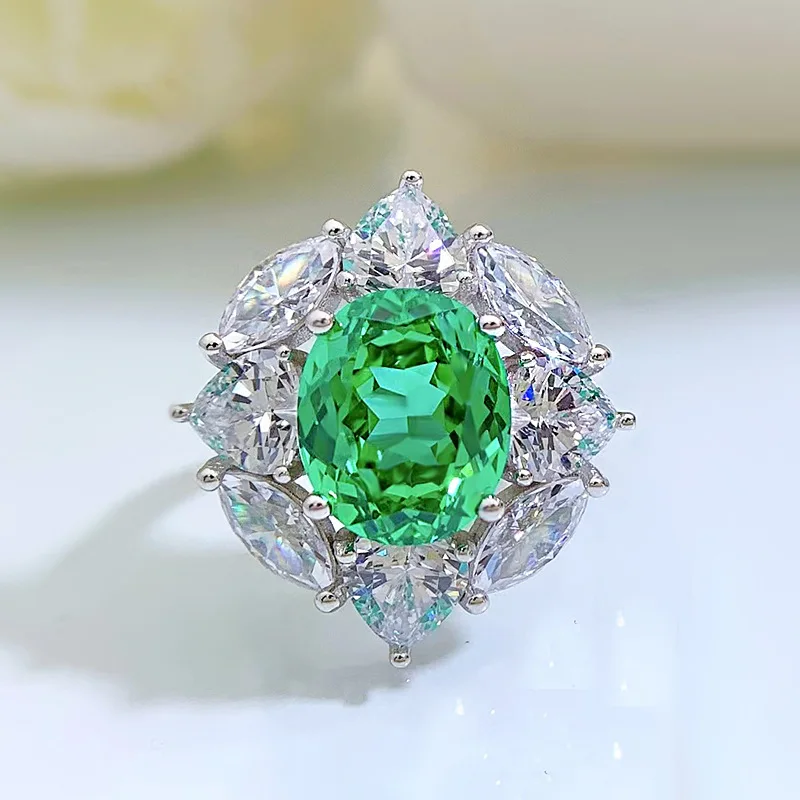 S925 Silver Ring Palaiba Green 10 * 12 High Carbon Diamond Versatile Ring Jewelry