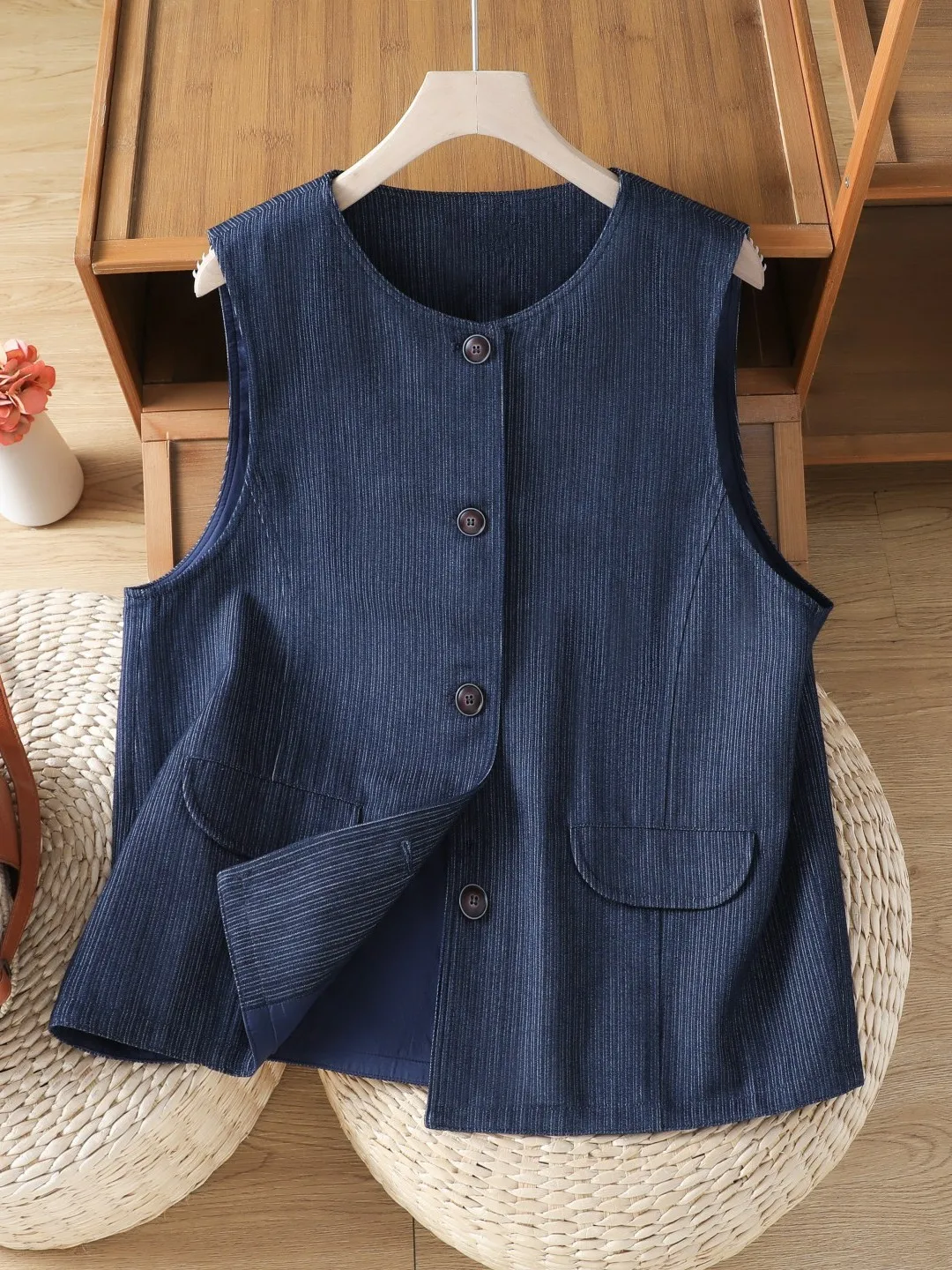 Retro Cotton Linen Blue Vest Large Size Women's Casual Versatile Sleeveless Button up Top Autumn Outerwear Shirt