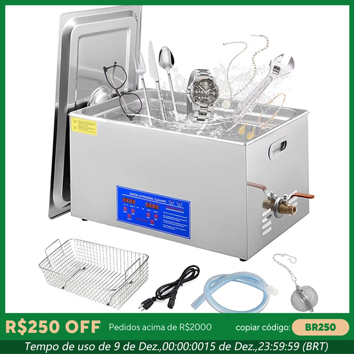 Limpador ultrassônico industrial de aço inoxidável 30L, máquina de limpeza por ultrassom com temporizador e aquecedor digital, 40Hkz 600W 110V/220V