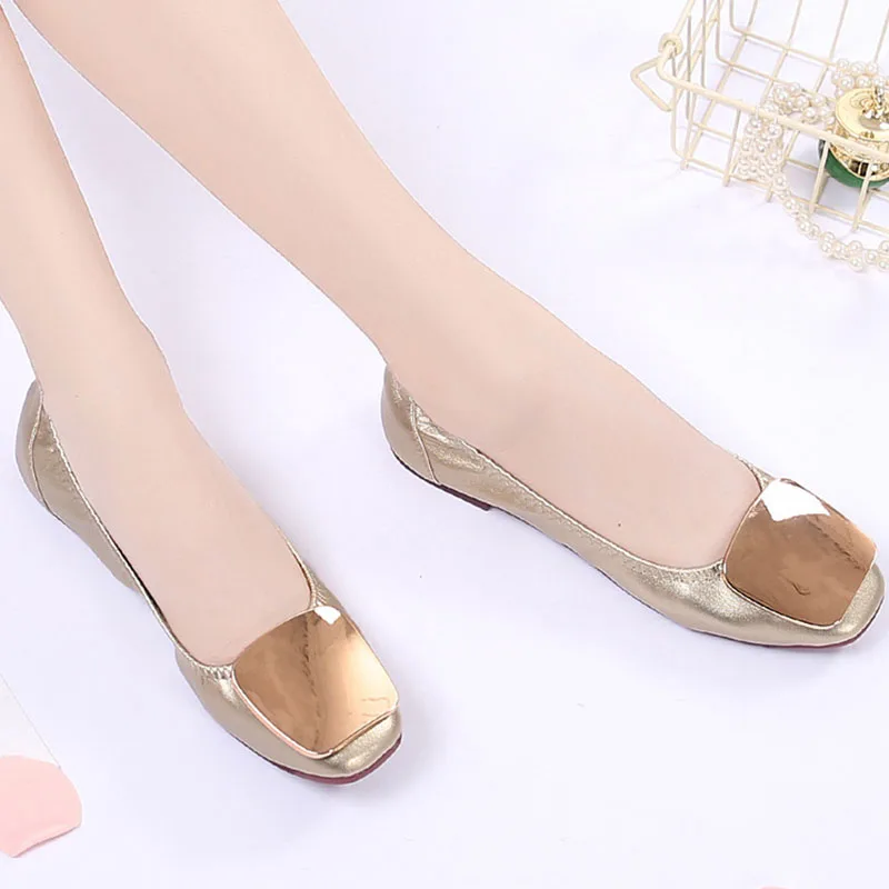 Woman Retro Spring Square Toe Cute Gold Mary Jane Comfortable Soft Soled Shoes Square Buckle Casual Flats Metal Female Loafers