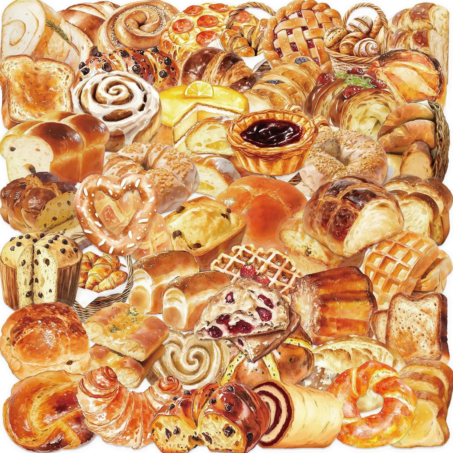 50pcs Bread Food Stickers Transparent Cartoon PET Stickers Decals for Skateboard Water Bottle Phone Decor