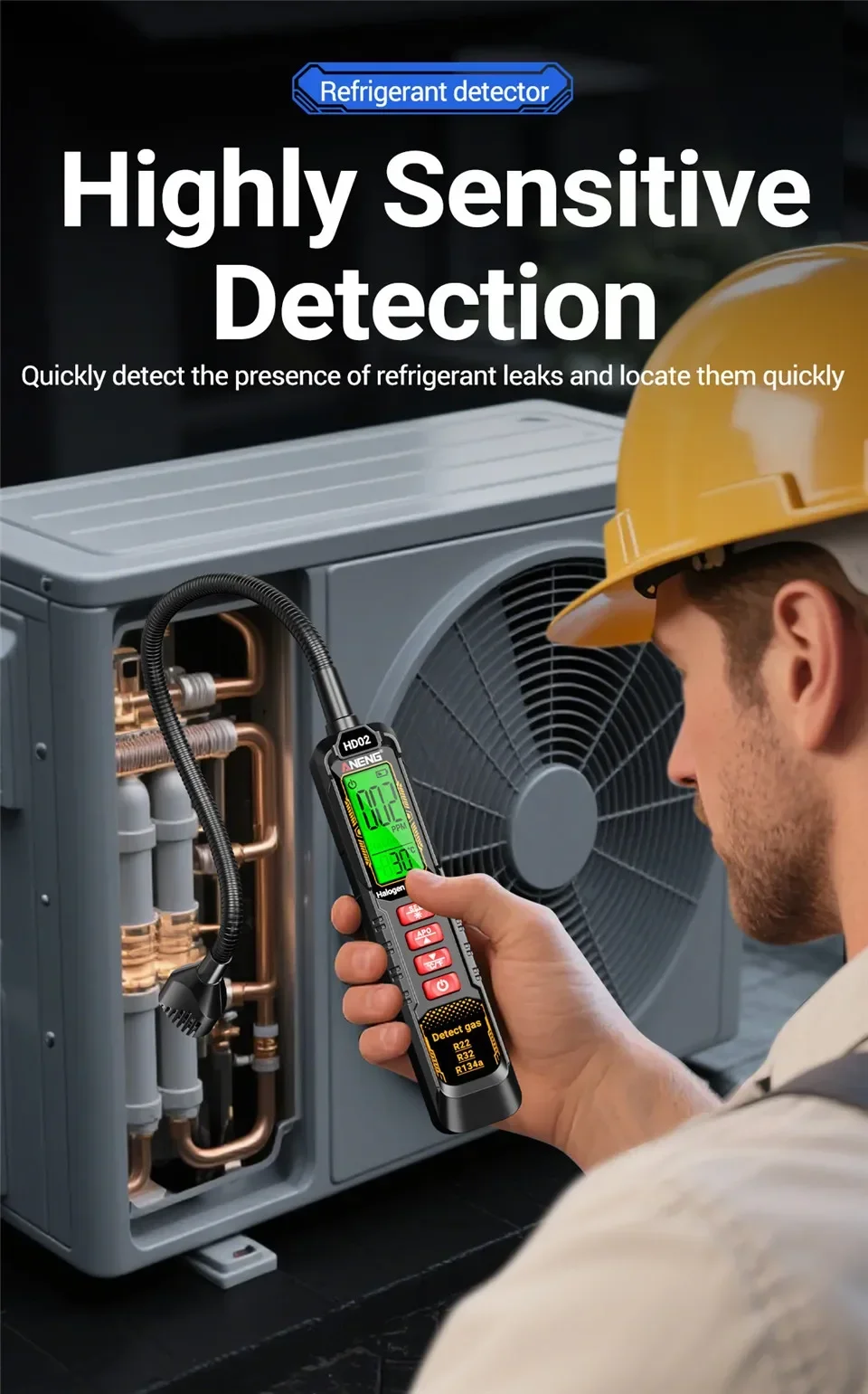 Kältemittelgas-Leckdetektor ANENG HD02 Klimaanlagen-Detektor Halogen-Detektor Hochempfindlicher R22/R32/R134a Lecktester – Detail 4