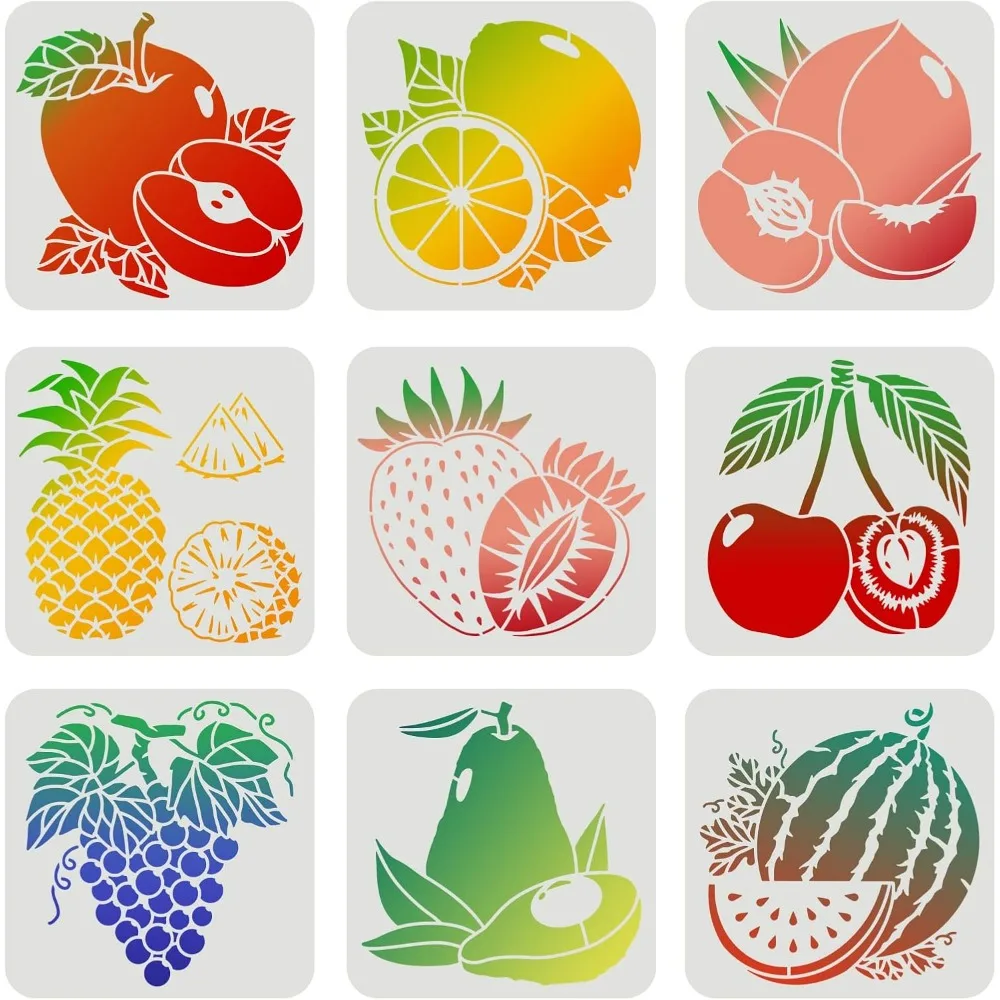 9 Pcs Fruits Stencils 7.87x7.87inch Plastic Pineapple Lemon Apple Watermelon Stencils Peach Pear Cherry Strawberry Grape