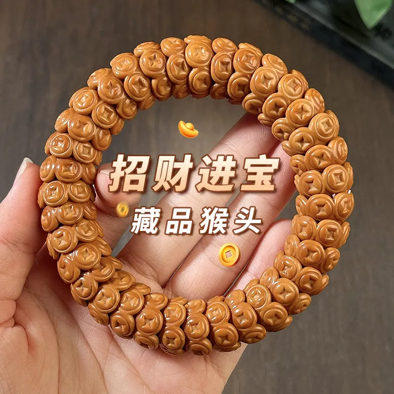 Chinese Style Good Luck Wealth Attracting 15mm Carved Copper Coin Pattern Monkey Head Walnut Single Circle Beaded Bracelet Unise