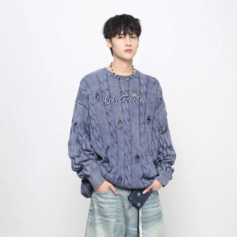 เสื้อสเวตเตอร์ผู้ชายสไตล์อเมริกัน MWJLPWQ รุ่น High Steet Vintage สีสันตัดกันแบบดิสเทรส ขาดๆ แบบลำลอง สไตล์คู่รักหลวมๆ สำหรับฤดูใบไม้ร่วงและฤดูหนาว รุ่น 21073