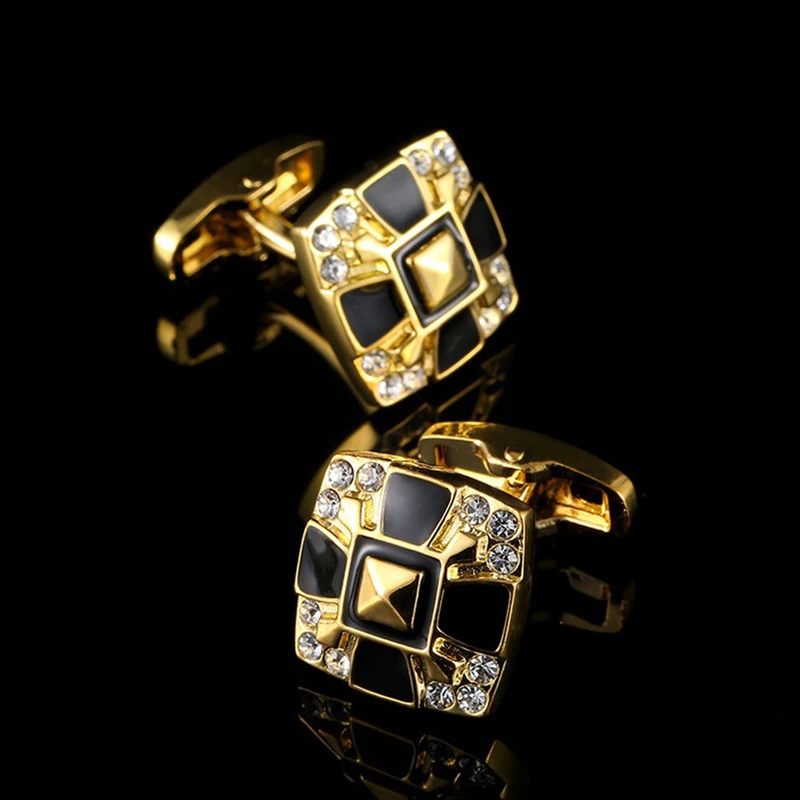 High Quality Golden Black Square Crystal Men\'s Business Enamel Cufflinks Dress Accessories French Shirt Cuff Father Jewelry Gift