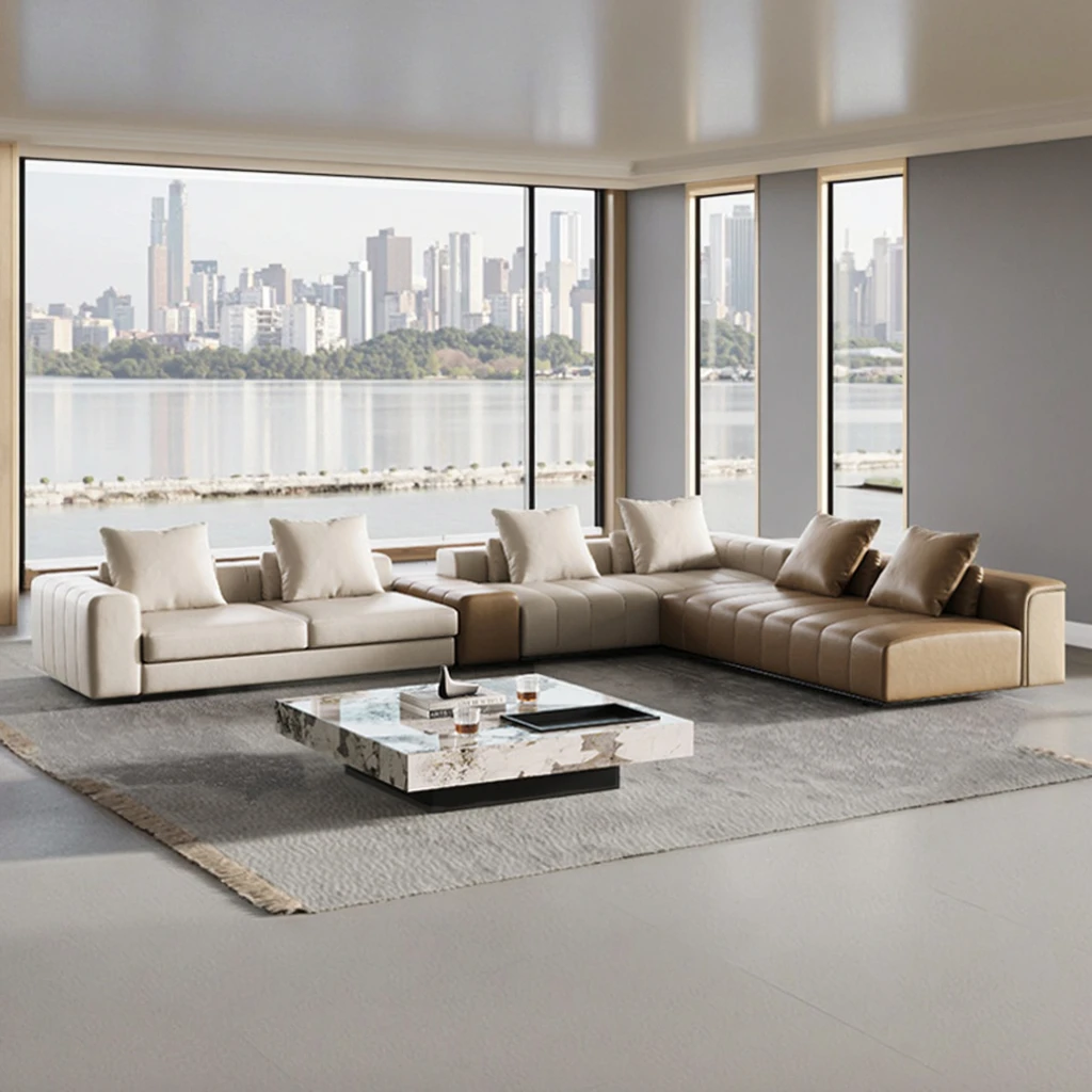 Italian Minimalist Sofa Set Villa Home Living Room Furniture Leather Modular Couch Corner L-shaped Sofa