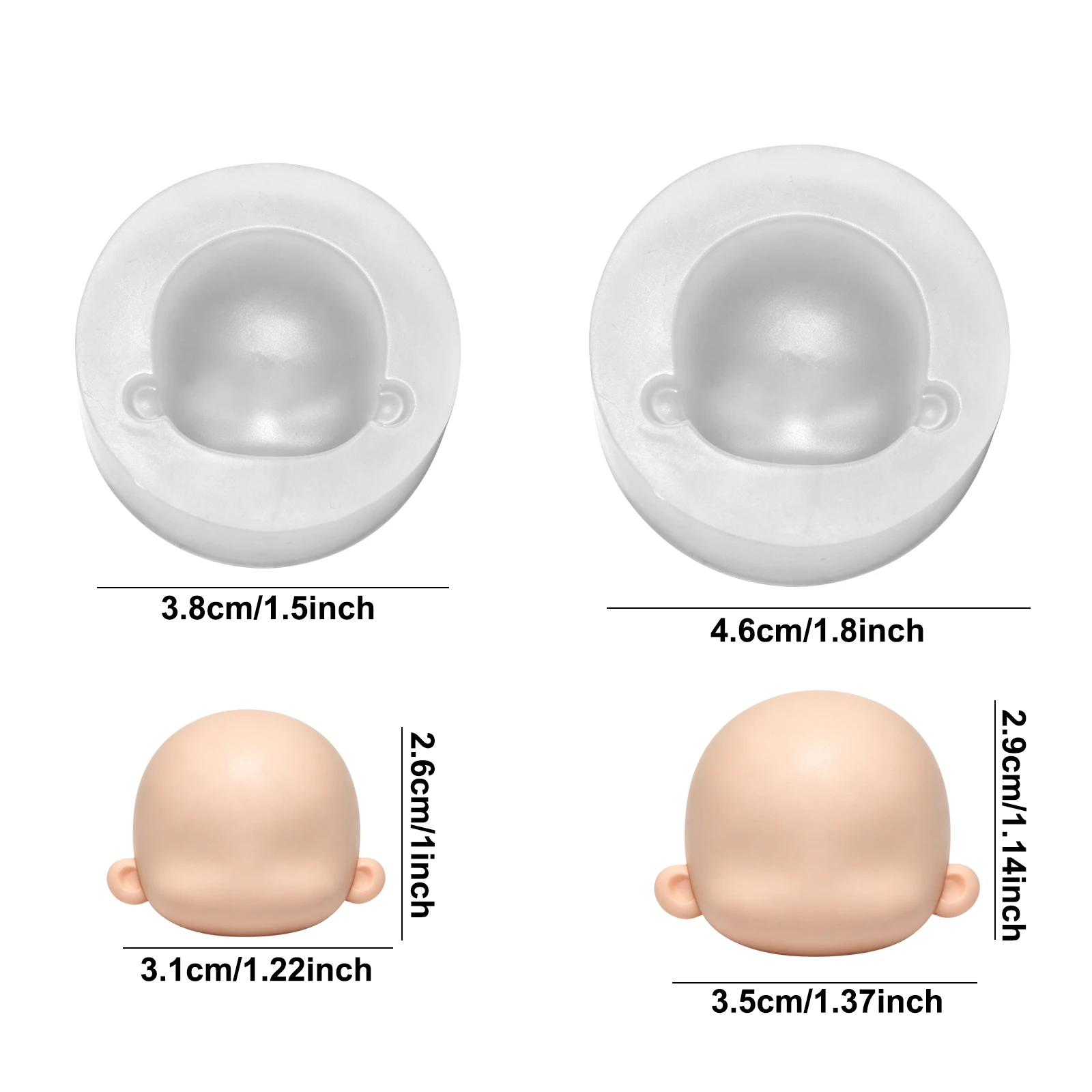 2Pcs 3D Doll Face Molds, Blank Doll Head Clay Mold with Ears for DIY Mini Figurine, Polymer Clay, Epoxy Resin, Fondant Craft