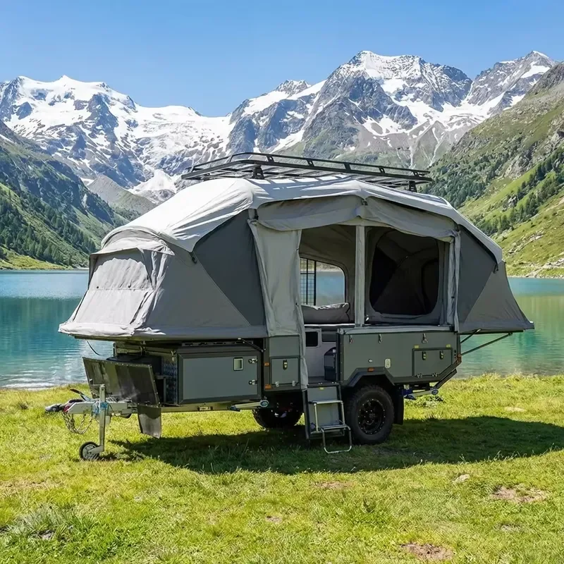 Off Road Camper Trailer Forward Folding RV Caravan with Inflatable Air Tent and Slide Out Kitchen