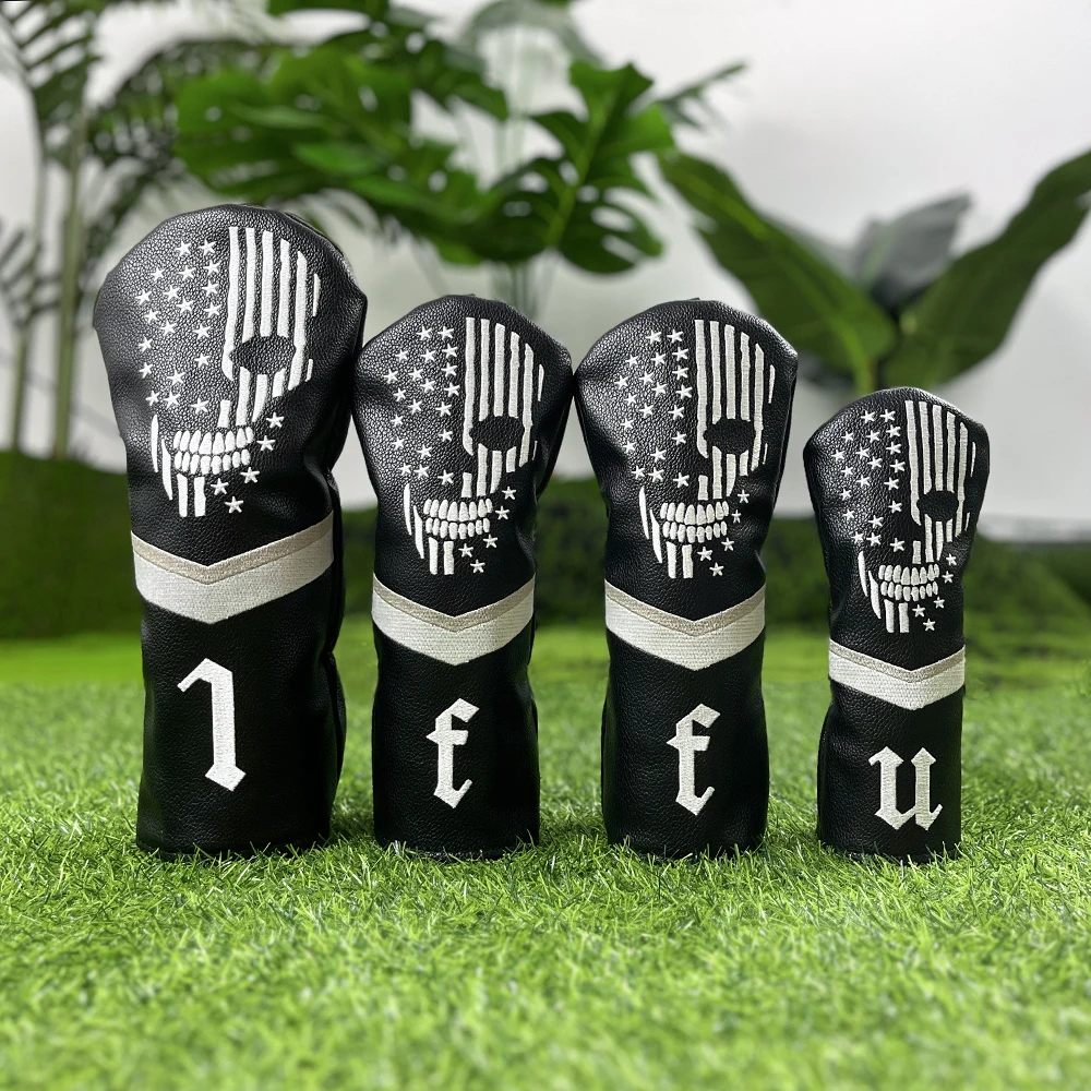 Golf Skull Skeleton Head Cover Golf Club Black Leather Headcovers Set Fits Driver Fairway Wood Hybrid