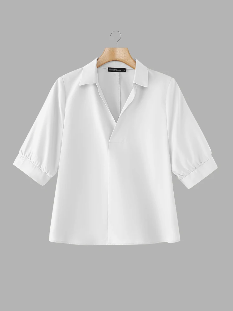 

ZANZEA Vintage Commuting Tunics Women Solid Color Shirt Casual Loose Half Sleeve Tops 2025 Summer Lapel Collar Korean Blouse