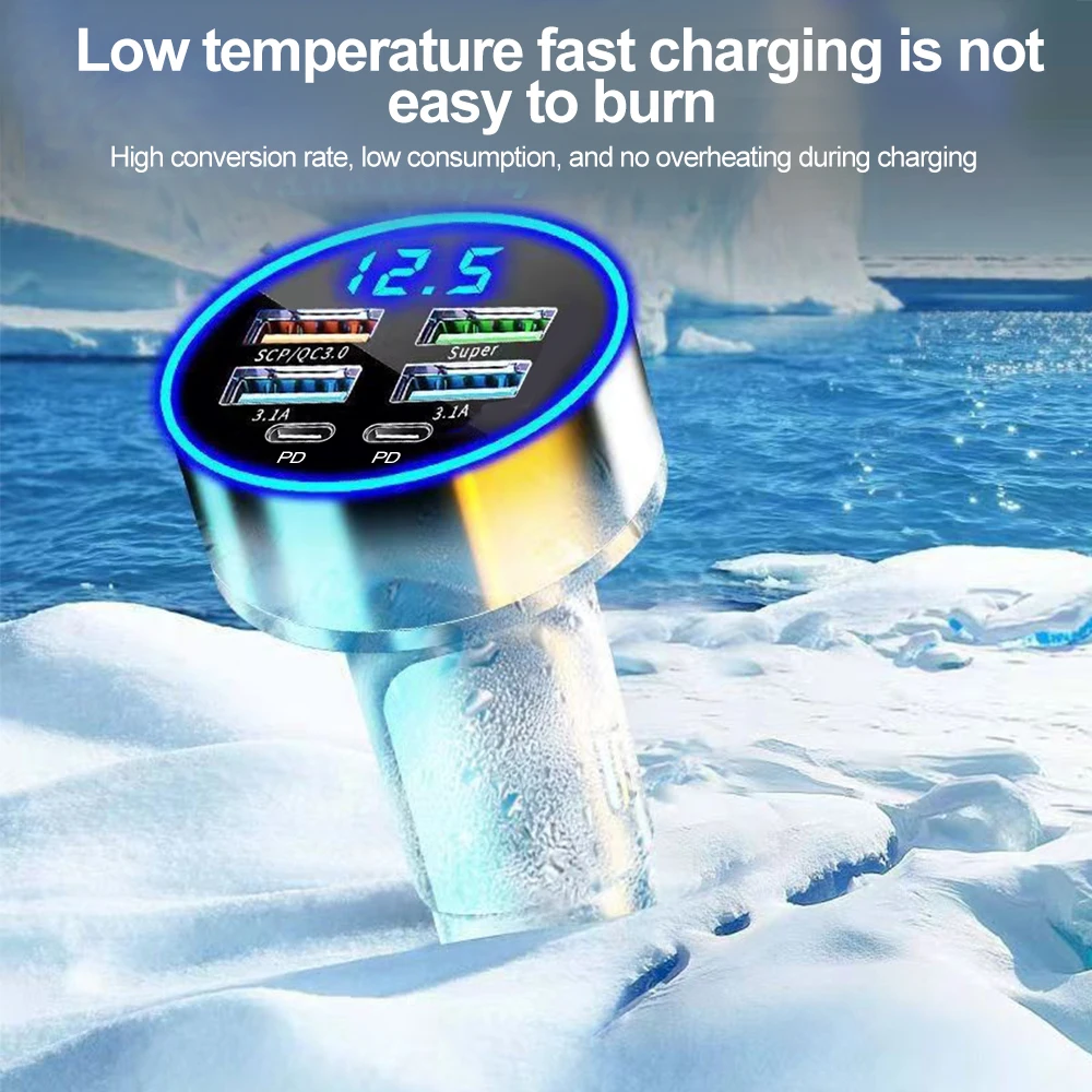 KEBIDUMEI Car Charger 6 Ports PD QC3.0 USB Phone Charger Fast Charging Adapter 66W Digital Display For iPhone Auto Accessories